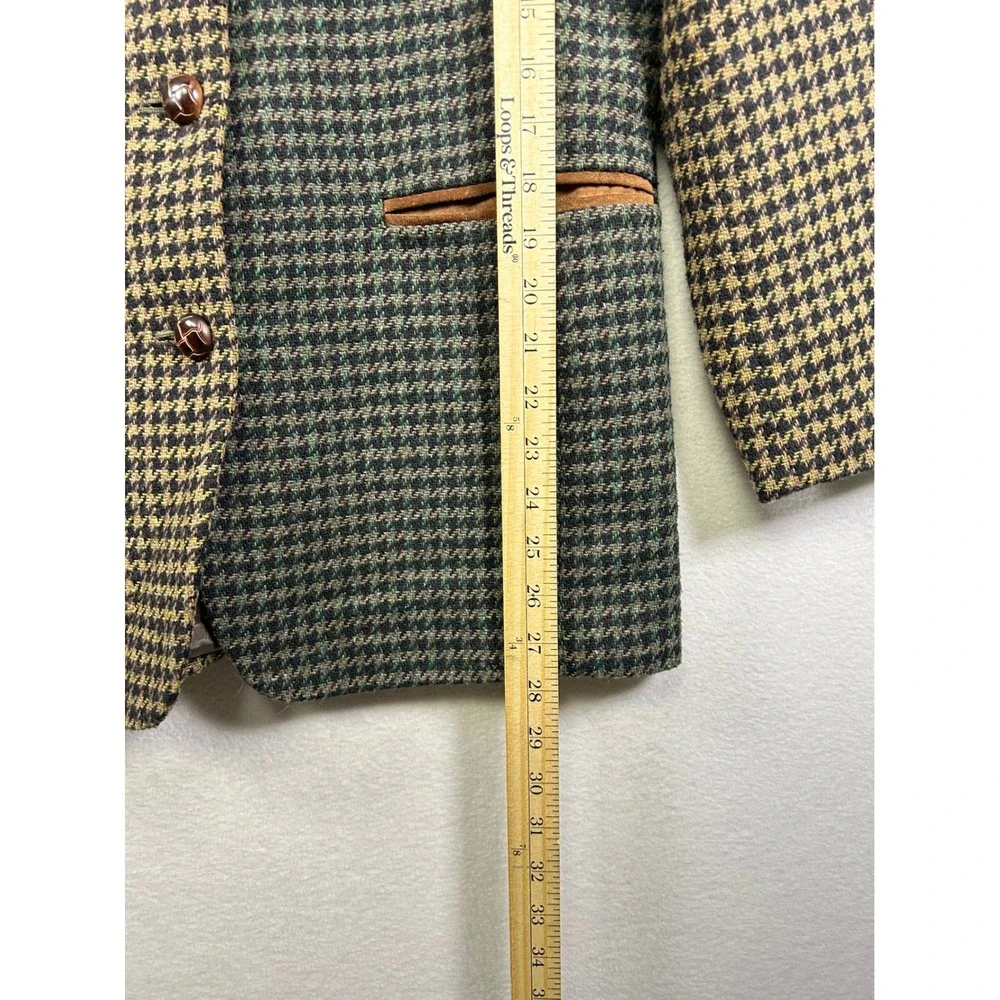 Vintage JL‎ Colebrook Blazer Women 6 Green Tan Houndstooth Wool Blend Suede Trim